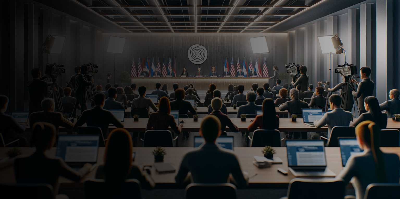 Image digitale d'une préparation pour une conférence de presse en webdiffusion - Plein de journalistes dans une salle de conférence