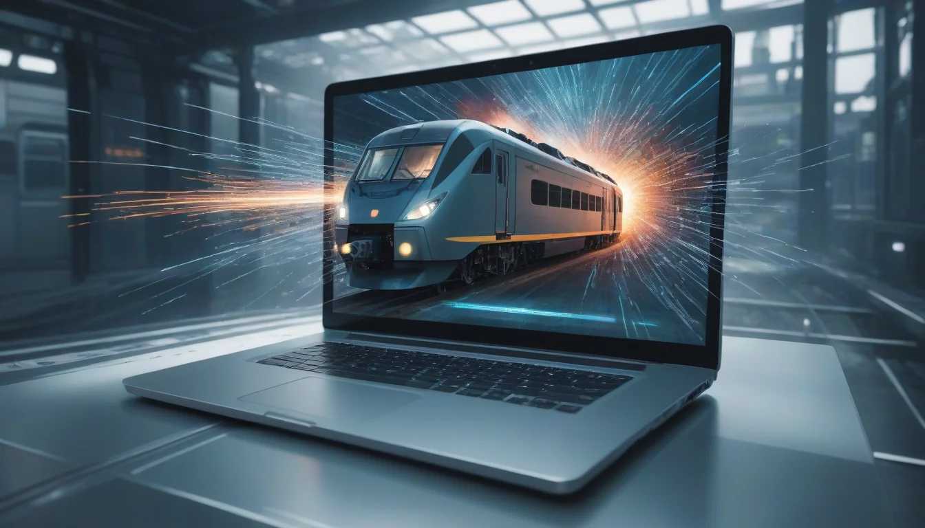 illustration of a train busting out of a laptop signification don't miss the digital transformation train
